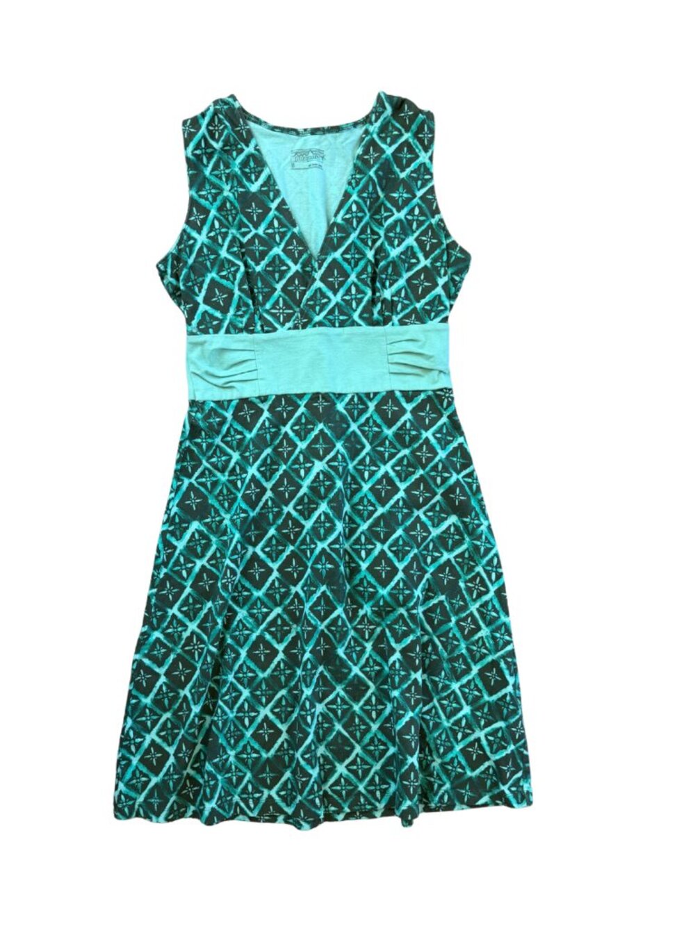 Patagonia Women's V-Neck Cotton Mini Dress Printed Green Teal Size Small